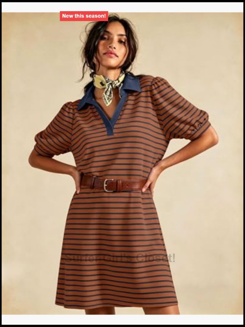Striped V Neck Puff Short Sleeve A-Line Dress with Pockets - Picture 2 of 7